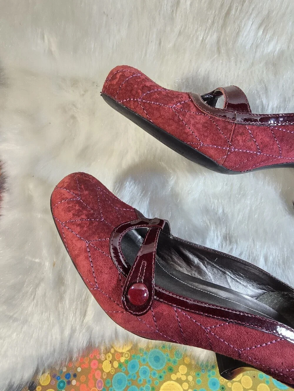 Franco Sarto Burgundy Suede & Patent Mary Jane Kitten Heels  Dress Pumps